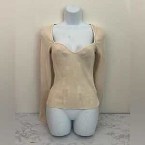 H&M Basics Top Sz M Cream LivaEco Long Sleeve Ribbed Low Cut Pullover Stretch